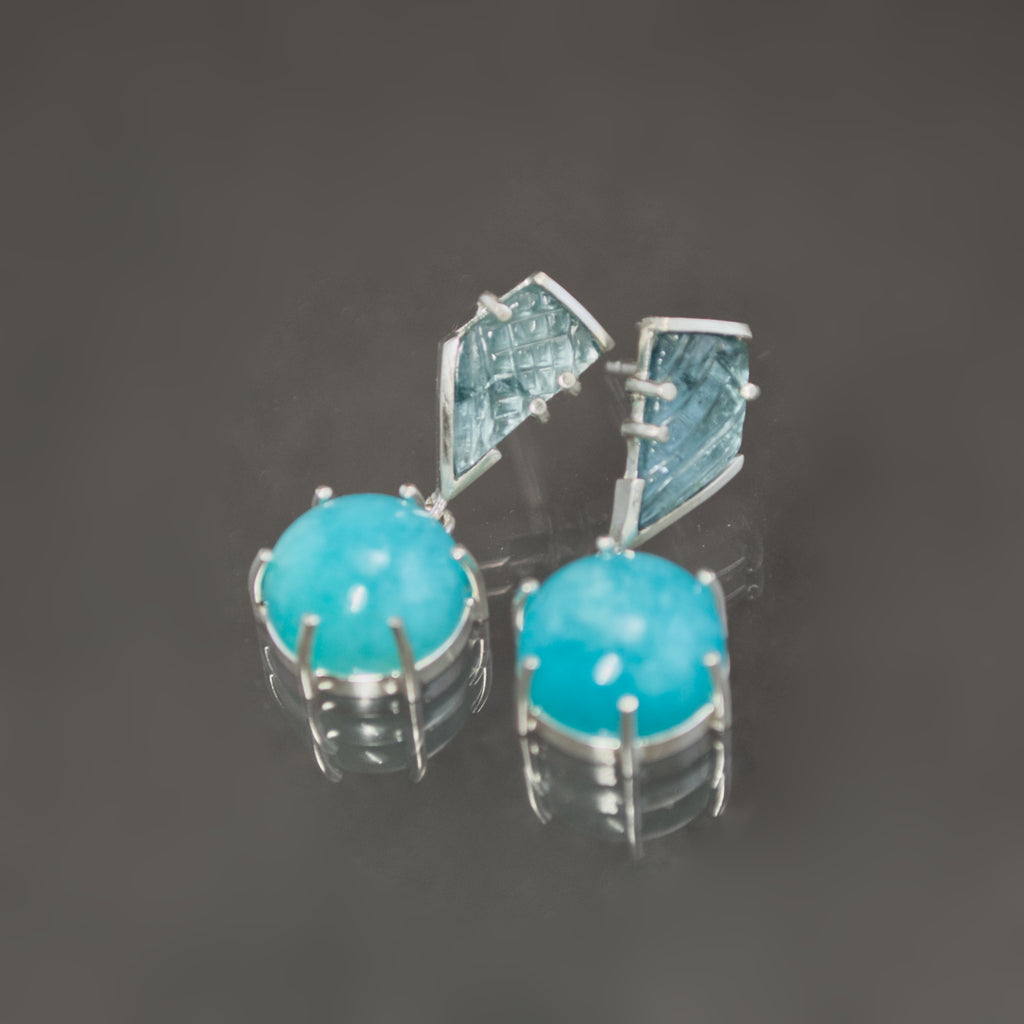 Carved Indicolite Tourmaline and Amazonite Earrings