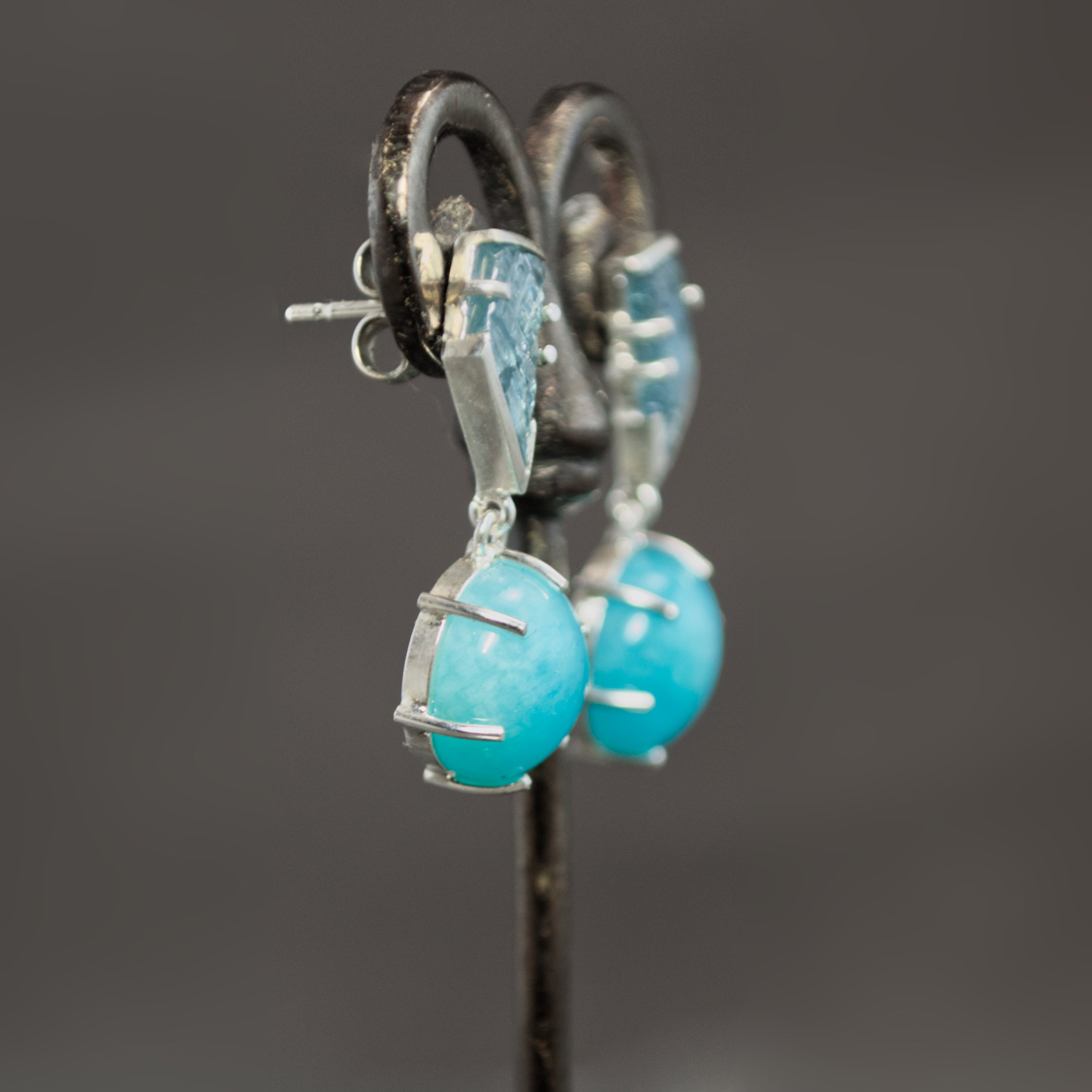 Carved Indicolite Tourmaline and Amazonite Earrings