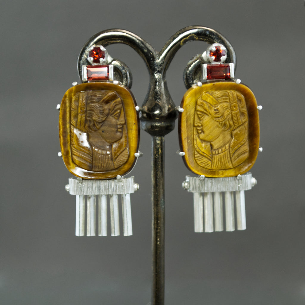 Tiger Eye Cameo and Garnet Fringe Earrings