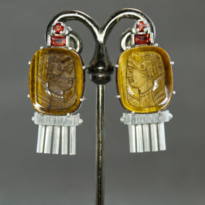 Tiger Eye Cameo and Garnet Fringe Earrings