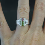 Watermelon Tourmaline Wide Textured Band Bracket Ring in Sterling Silver - Size 7.25