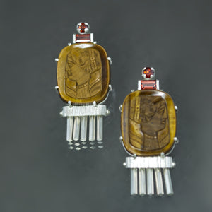 Tiger Eye Cameo and Garnet Fringe Earrings