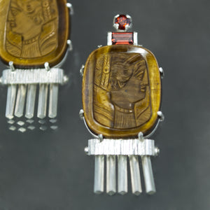 Tiger Eye Cameo and Garnet Fringe Earrings