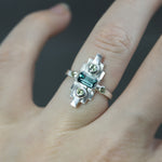 Indicolite Tourmaline and Sapphire Deco Sconce Ring in Sterling Silver - Size 5.75