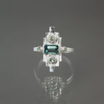 Indicolite Tourmaline and Sapphire Deco Sconce Ring in Sterling Silver - Size 5.75