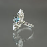 Indicolite Tourmaline and Sapphire Deco Sconce Ring in Sterling Silver - Size 5.75