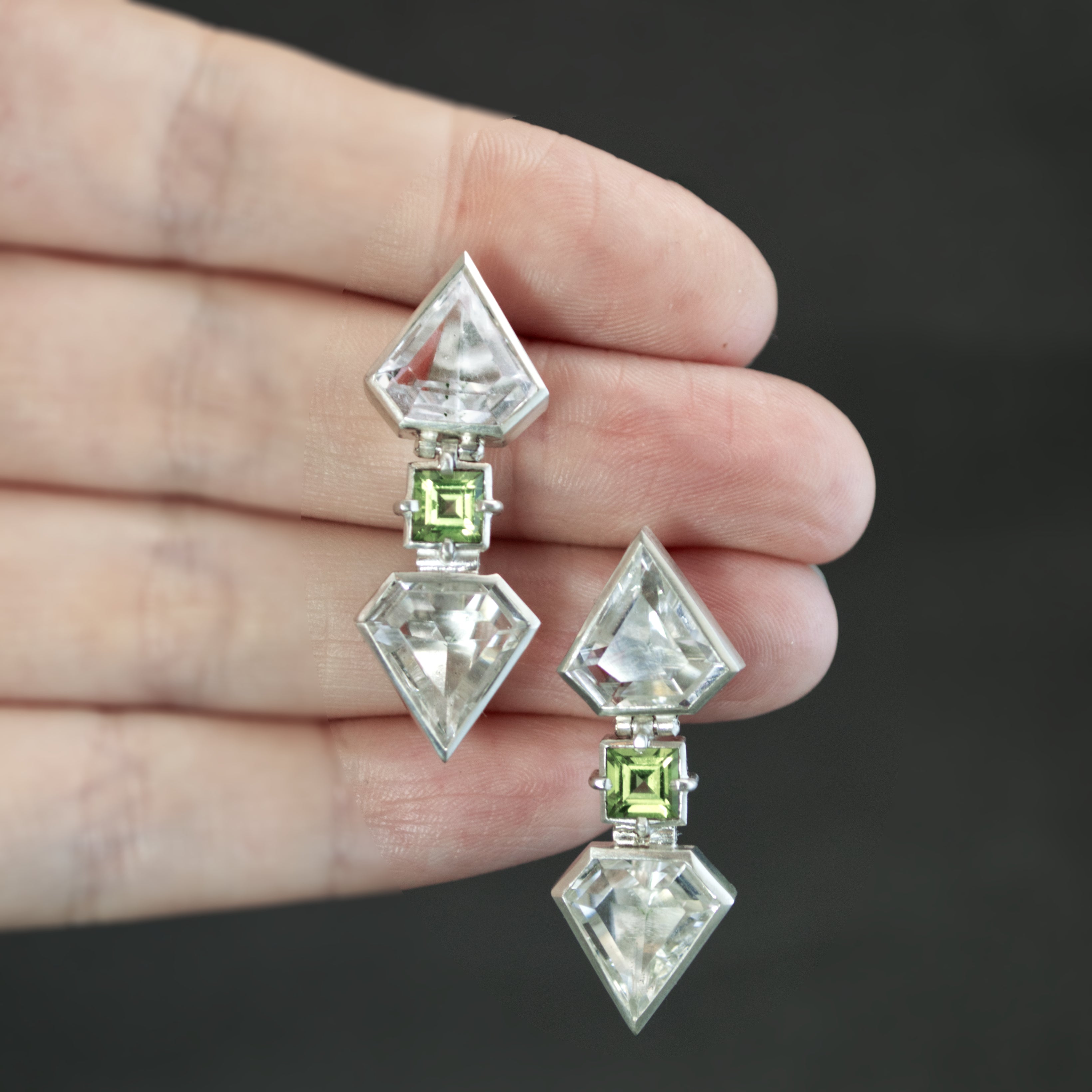 Peridot and Quartz Geometric Statement Earrings