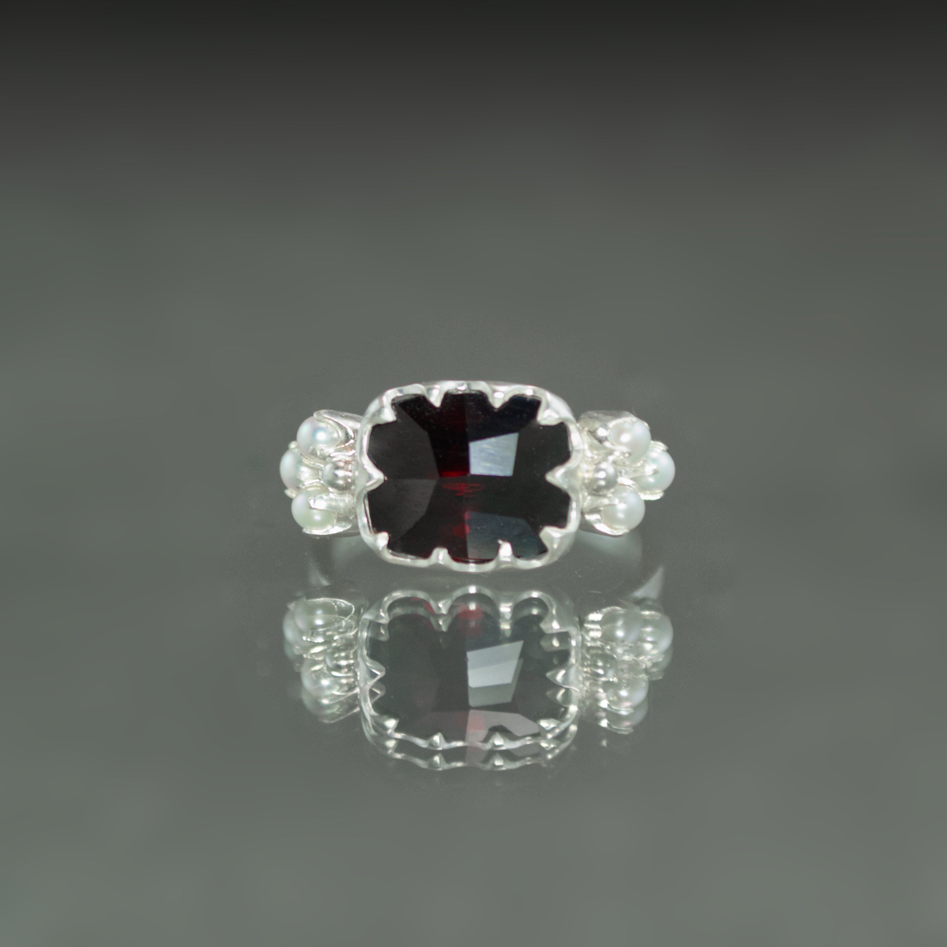 Almandine Garnet and Seed Pearl Ring - Size 7.5