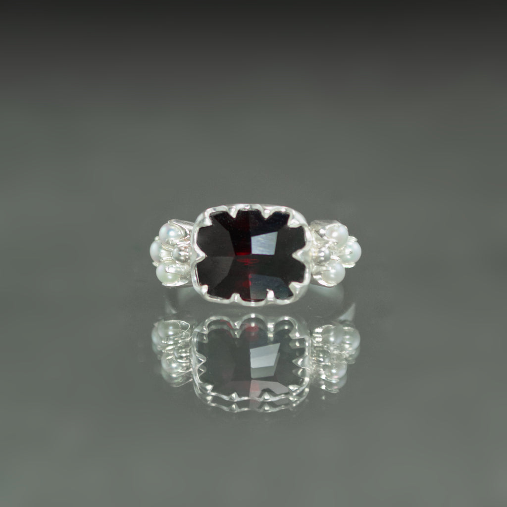 Almandine Garnet and Seed Pearl Ring - Size 7.5