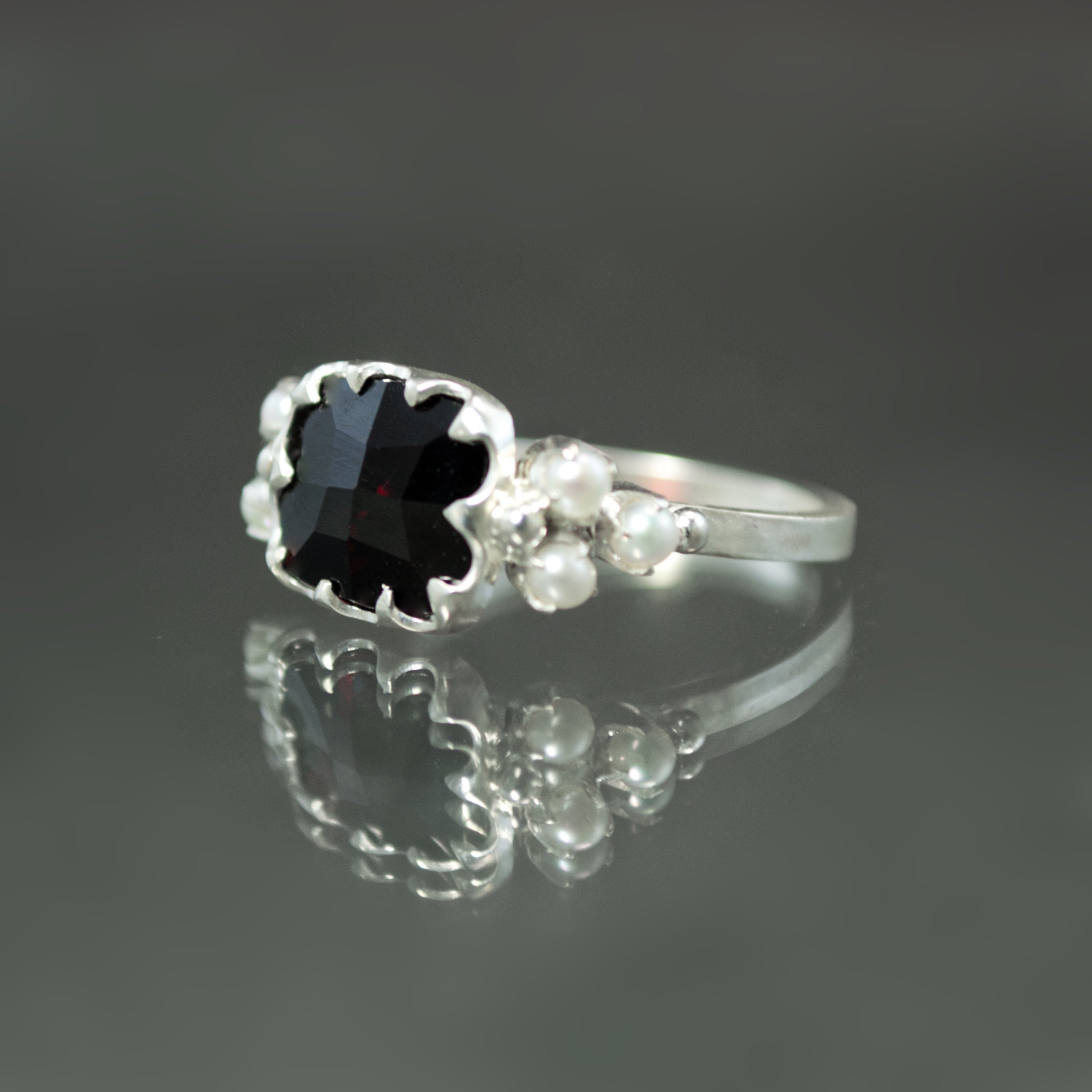 Almandine Garnet and Seed Pearl Ring - Size 7.5