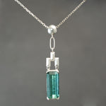 Teal Tourmaline Art Deco Culet Lavalier Pendant in Sterling Silver