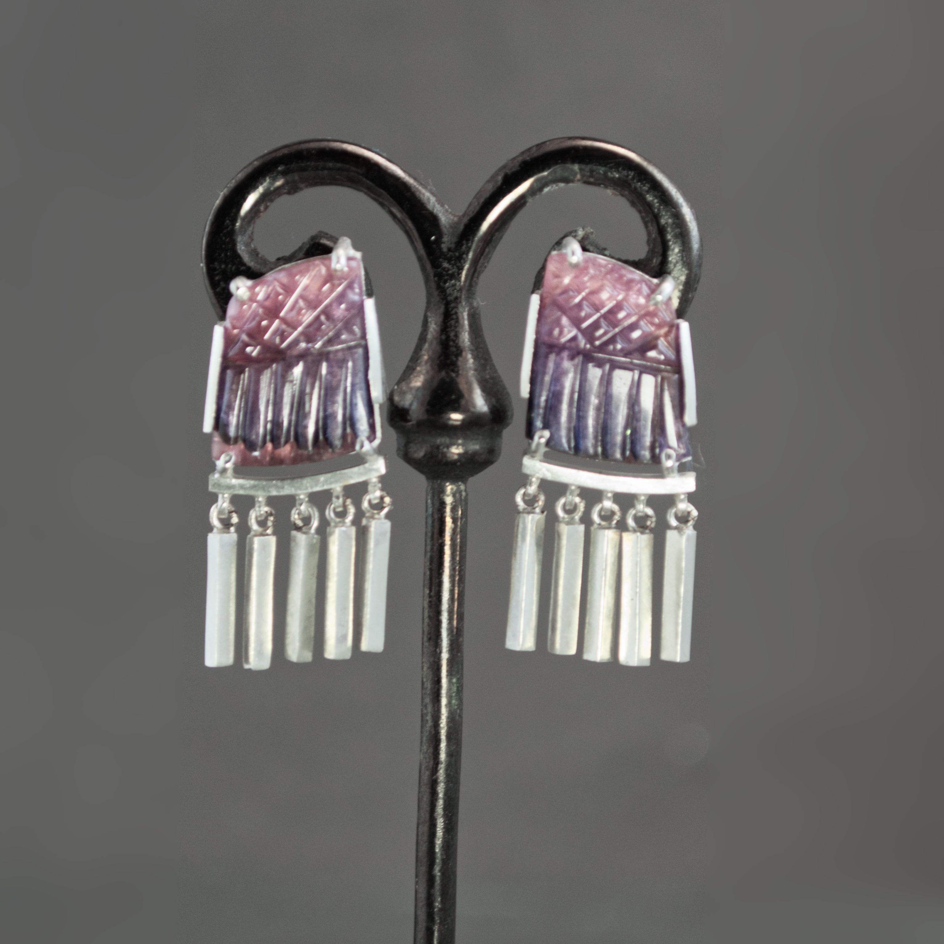 Purple/Pink Carved Tourmaline Fringe Earrings
