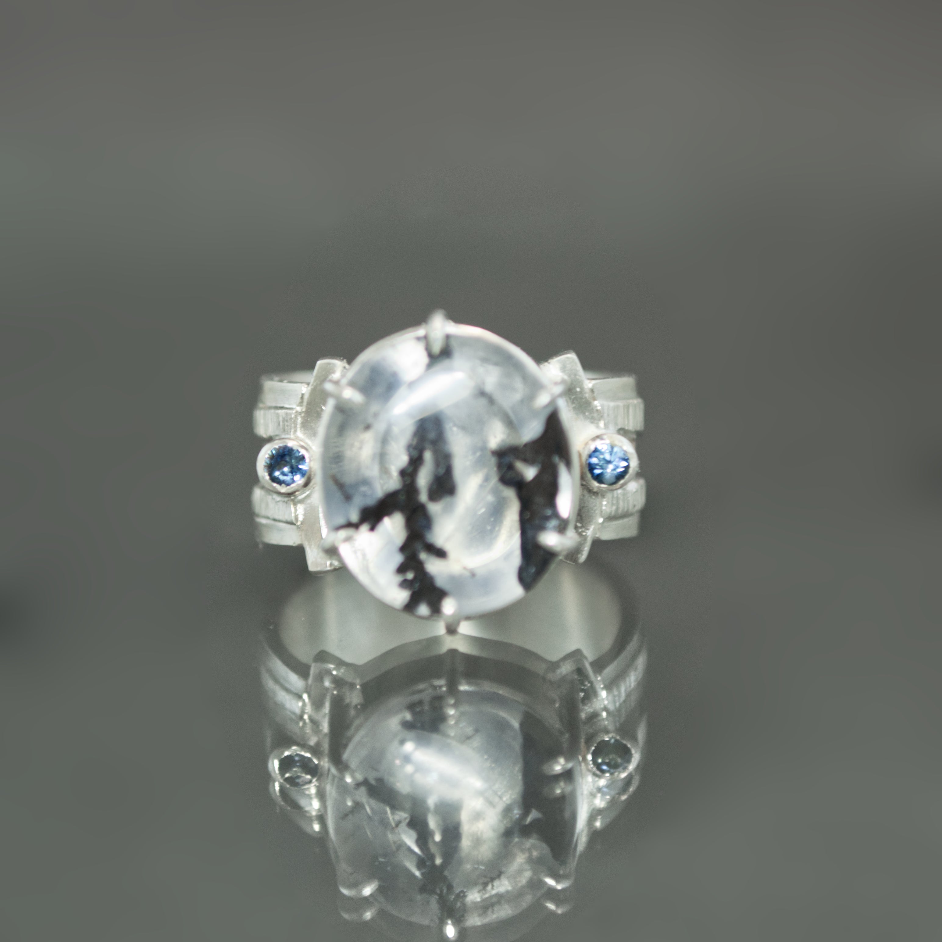 Dendritic Quartz and Sapphire Ring - Size 6.5