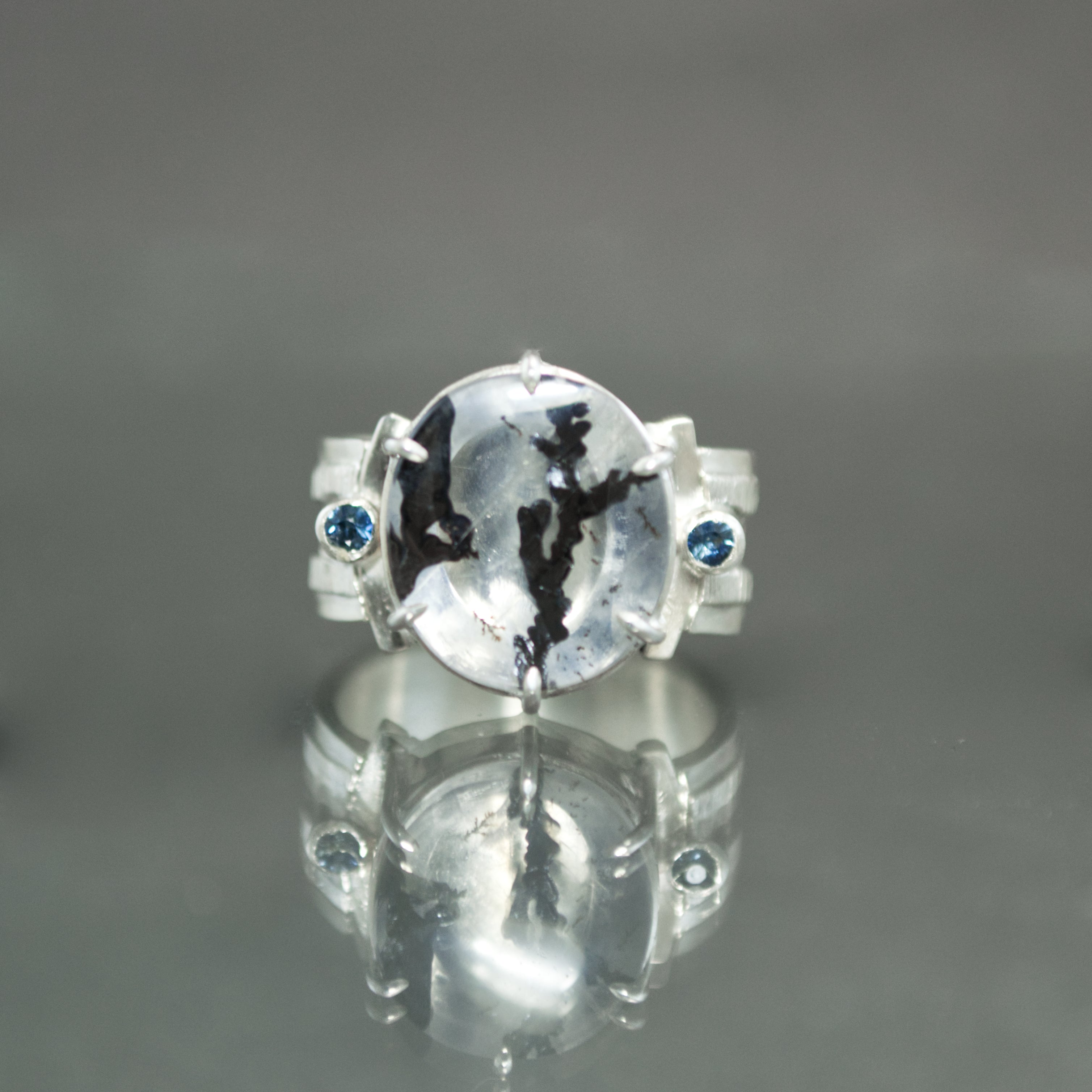 Dendritic Quartz and Sapphire Ring - Size 6.5