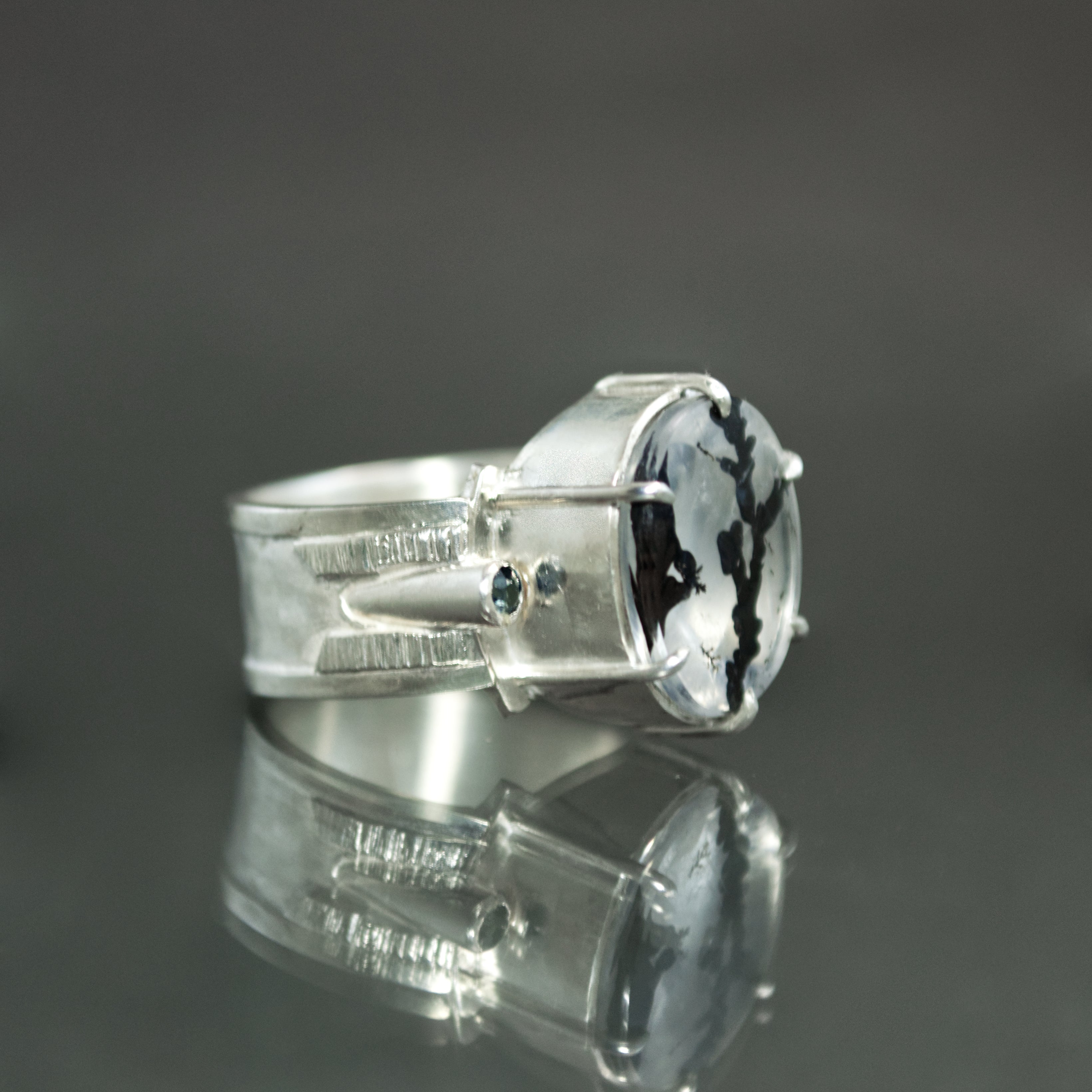 Dendritic Quartz and Sapphire Ring - Size 6.5