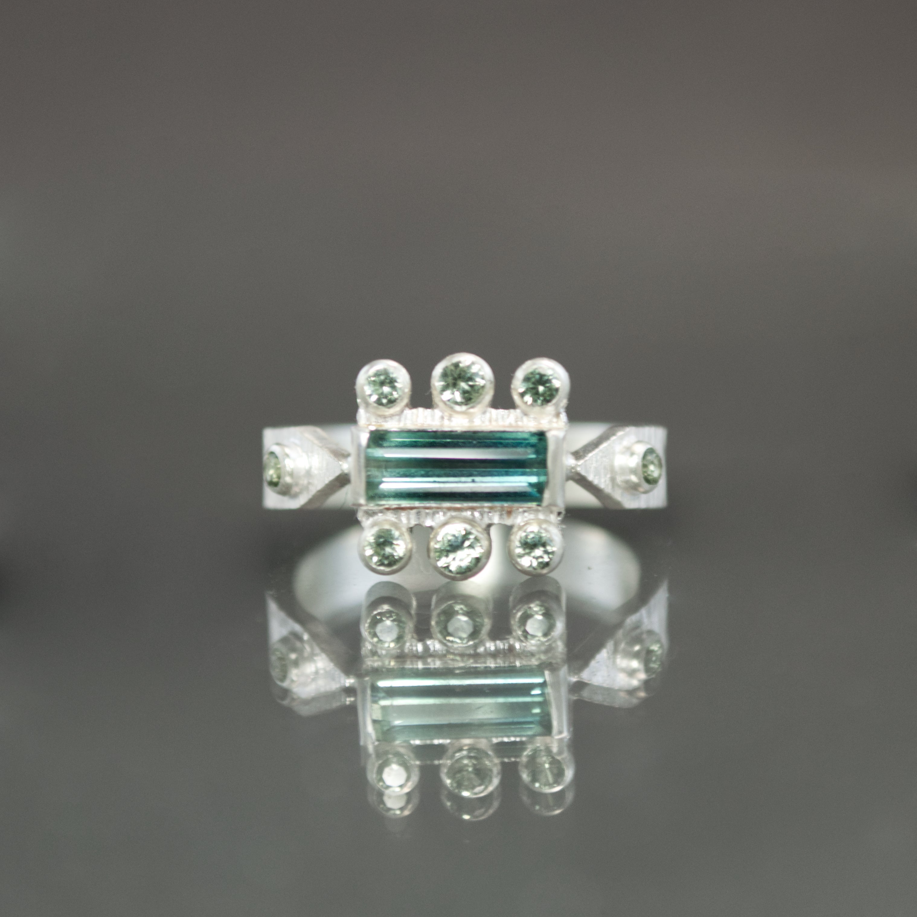 Bi Color Tourmaline and Green Sapphire Ring - Size 6.5