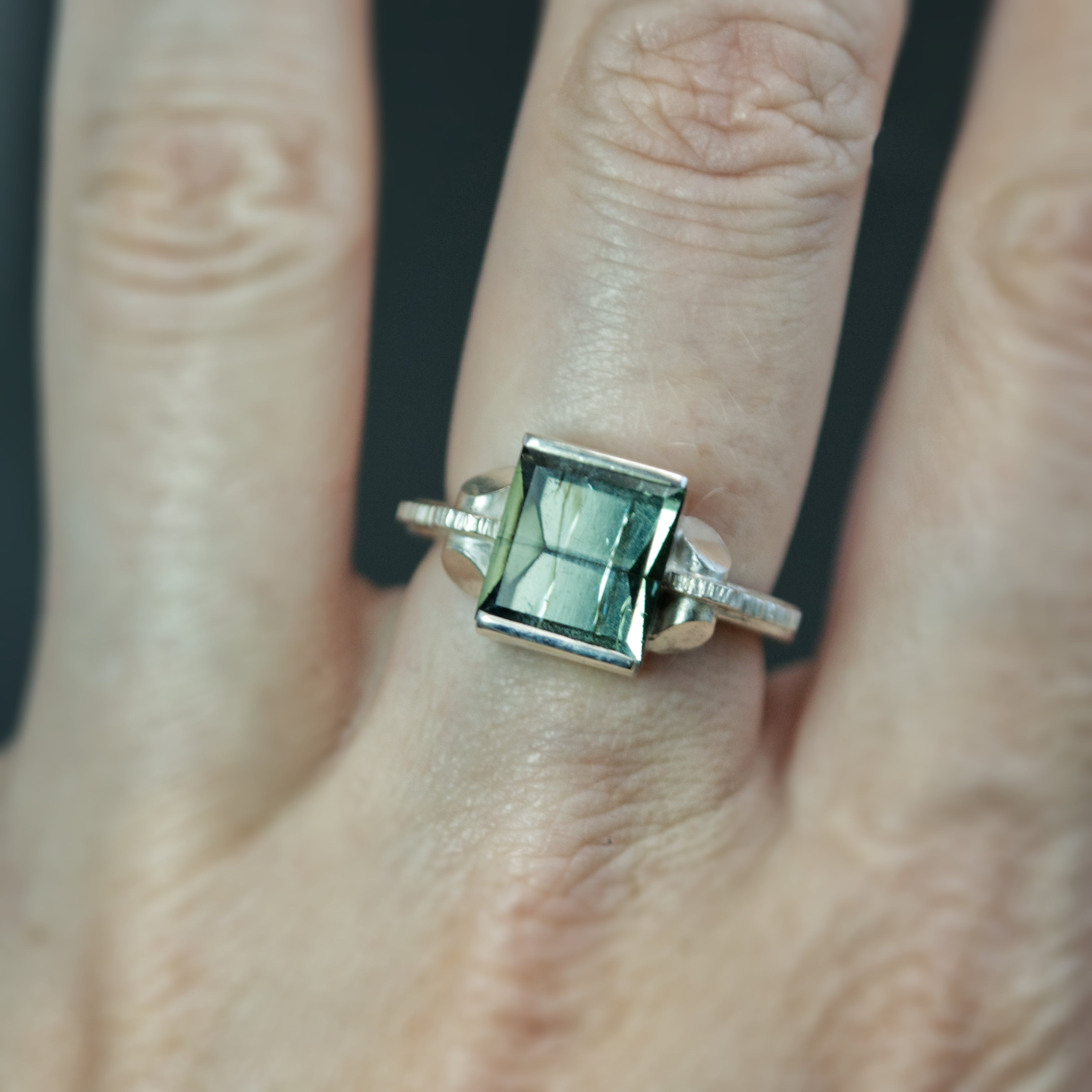 Blue-Green Tourmaline Retro Tank Ring - Size 7.5