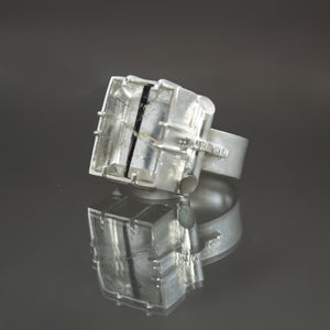 Black Tourmalinated Quartz Retro Tank Ring - Size 7