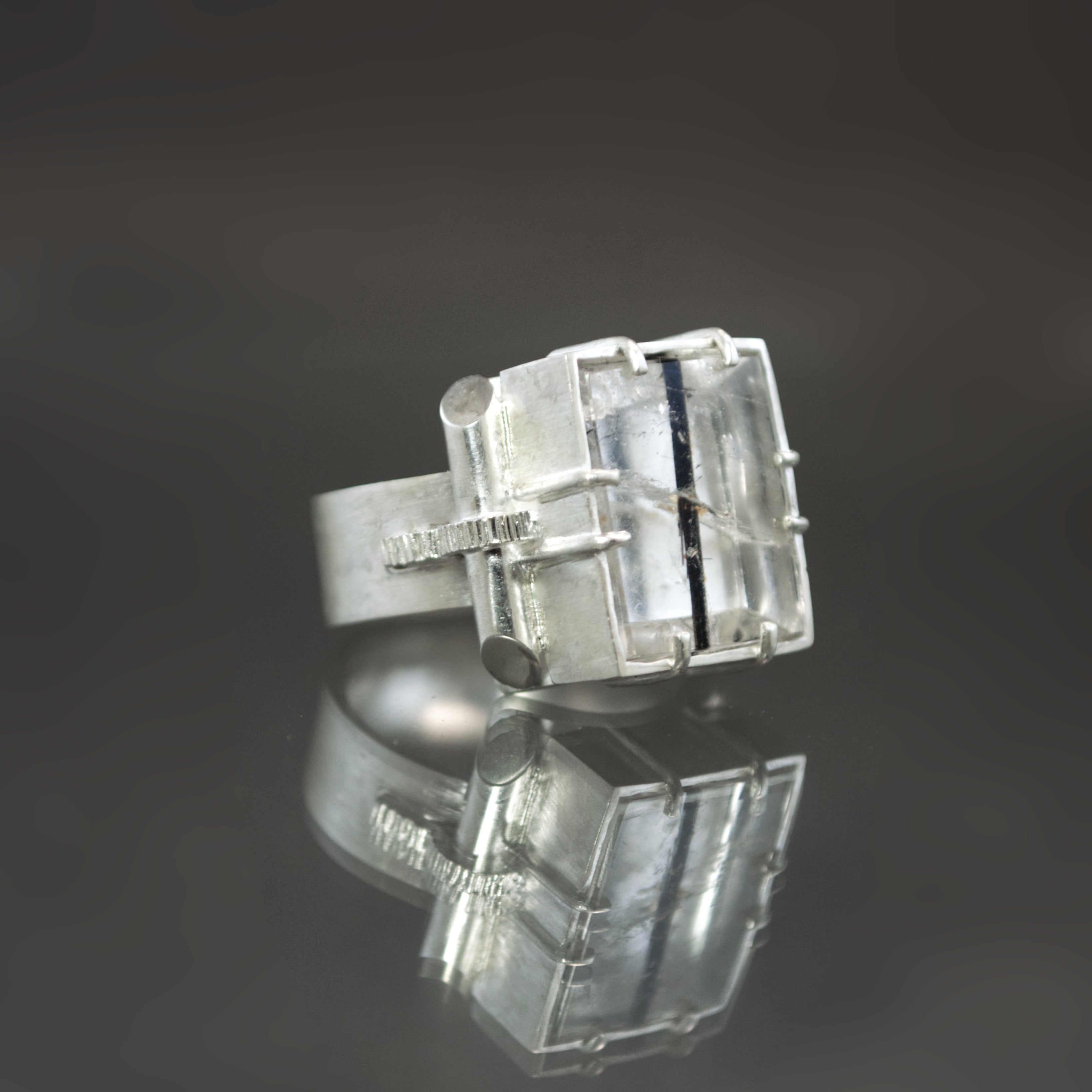 Black Tourmalinated Quartz Retro Tank Ring - Size 7