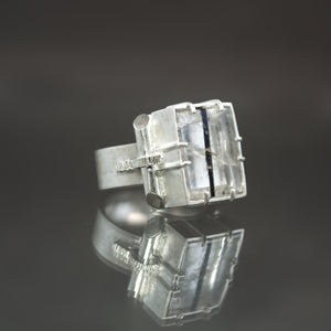 Black Tourmalinated Quartz Retro Tank Ring - Size 7