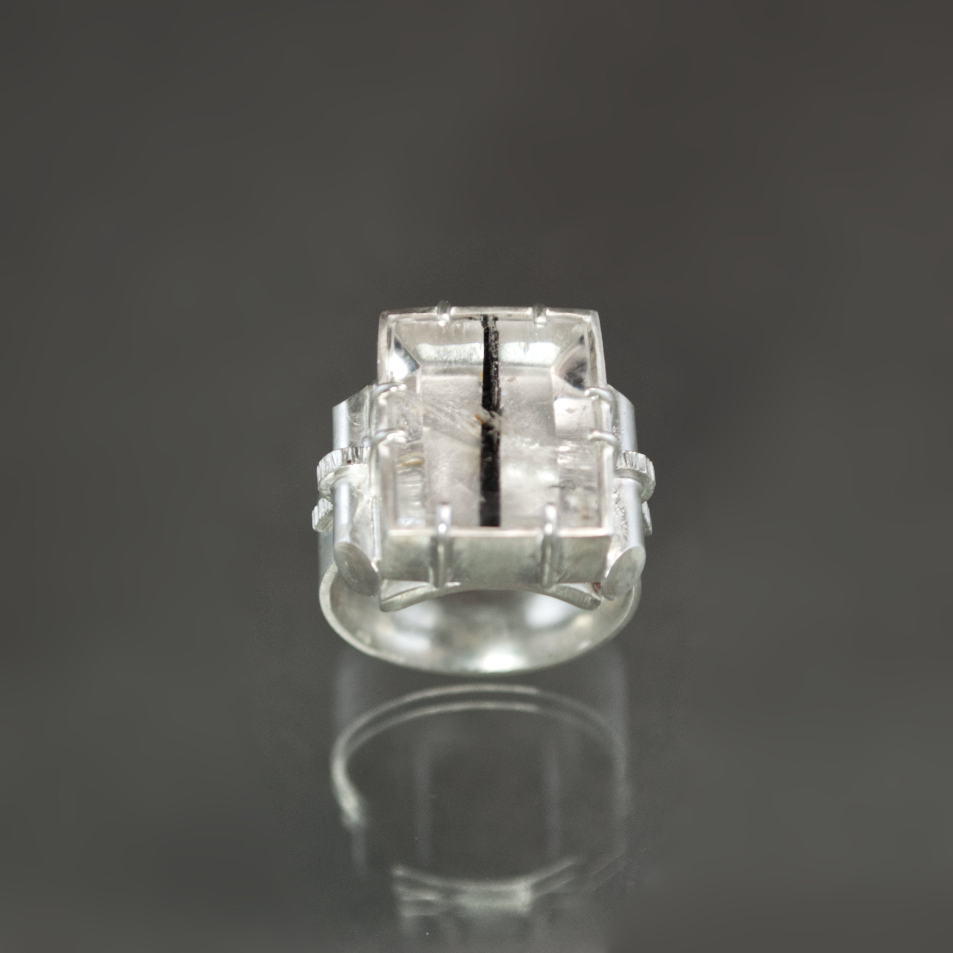 Black Tourmalinated Quartz Retro Tank Ring - Size 7