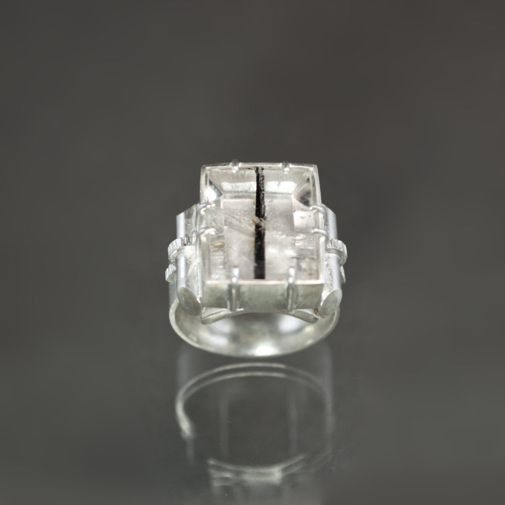 Black Tourmalinated Quartz Retro Tank Ring - Size 7