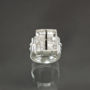 Black Tourmalinated Quartz Retro Tank Ring - Size 7