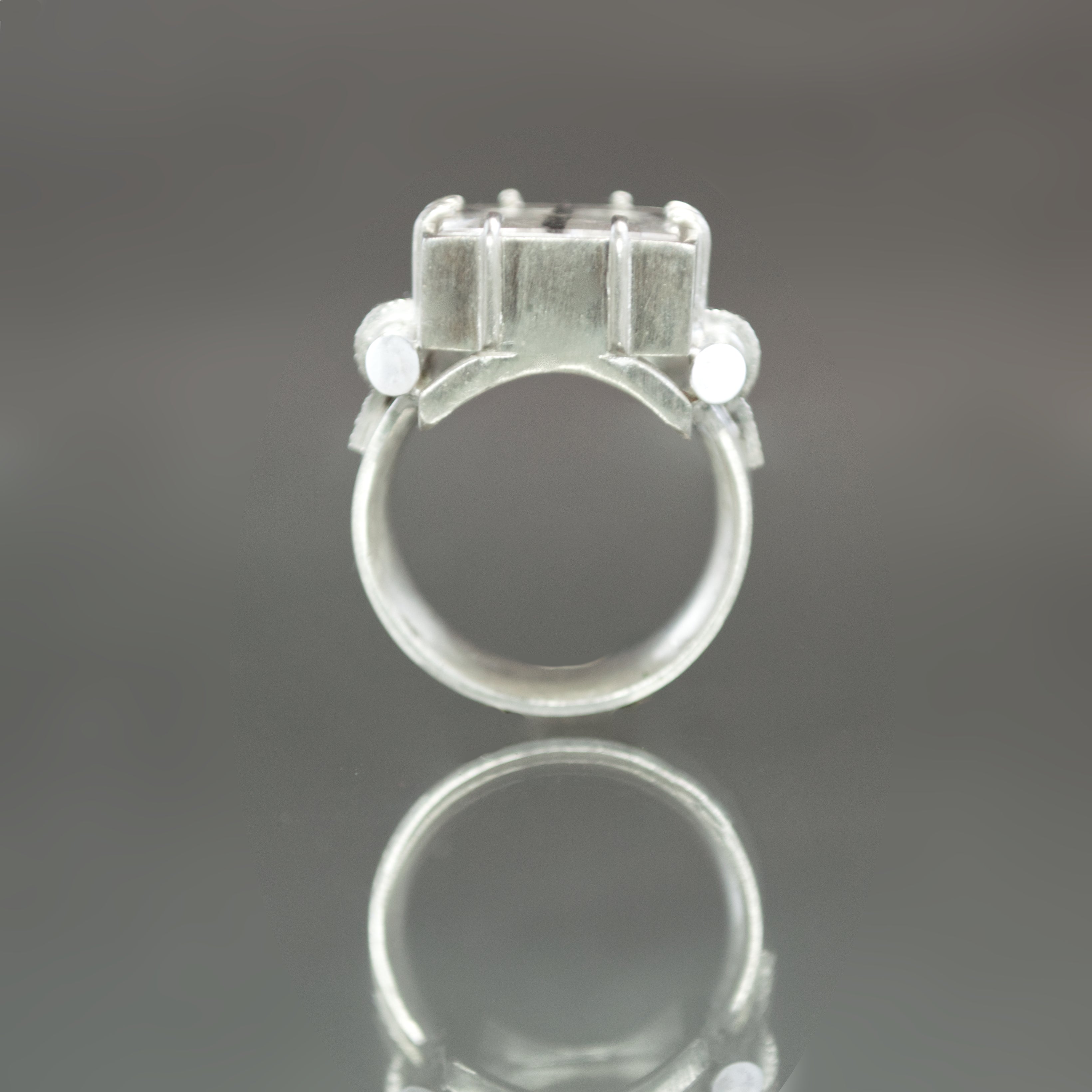 Black Tourmalinated Quartz Retro Tank Ring - Size 7