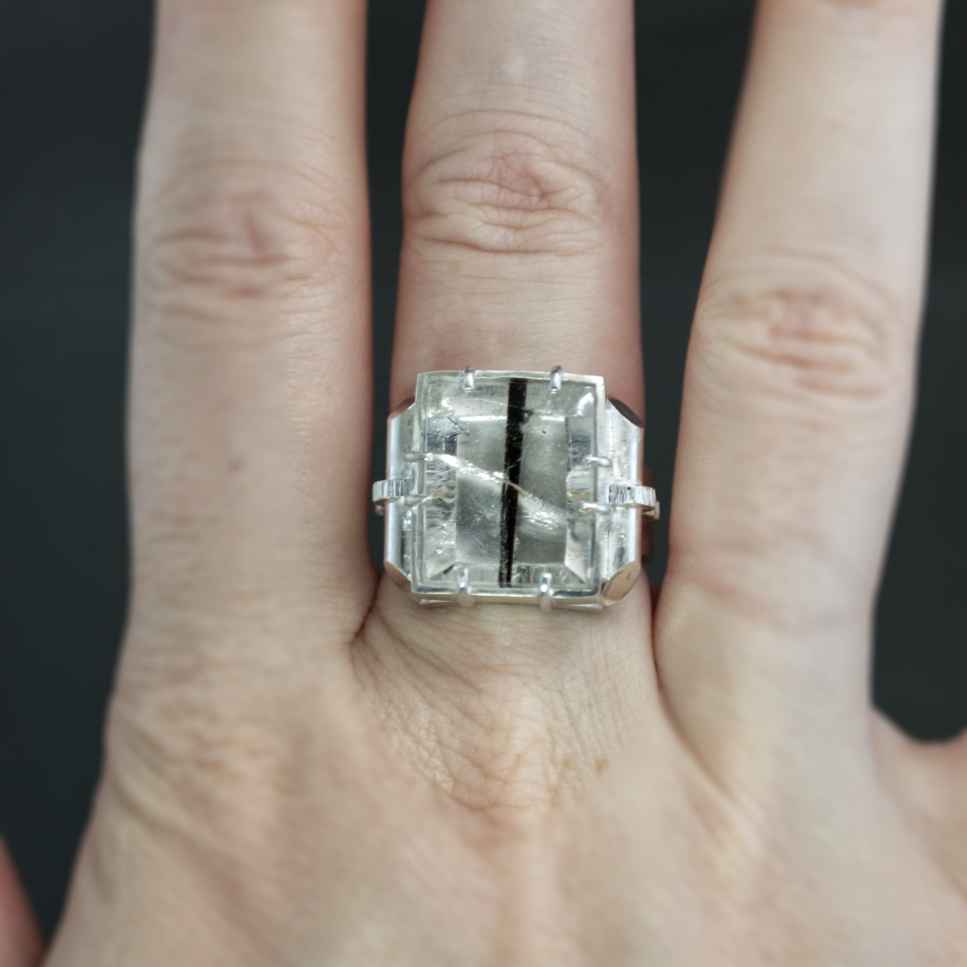 Black Tourmalinated Quartz Retro Tank Ring - Size 7