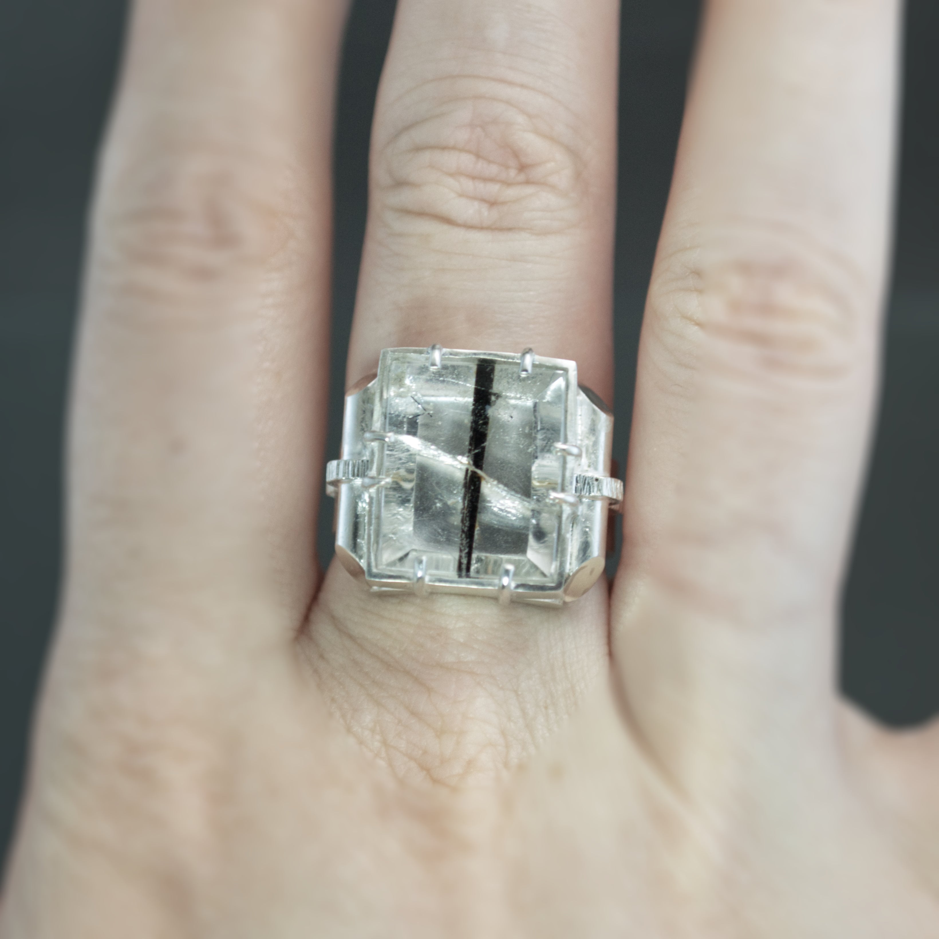 Black Tourmalinated Quartz Retro Tank Ring - Size 7