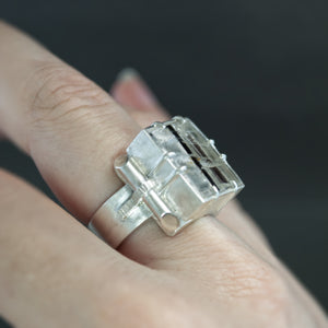 Black Tourmalinated Quartz Retro Tank Ring - Size 7