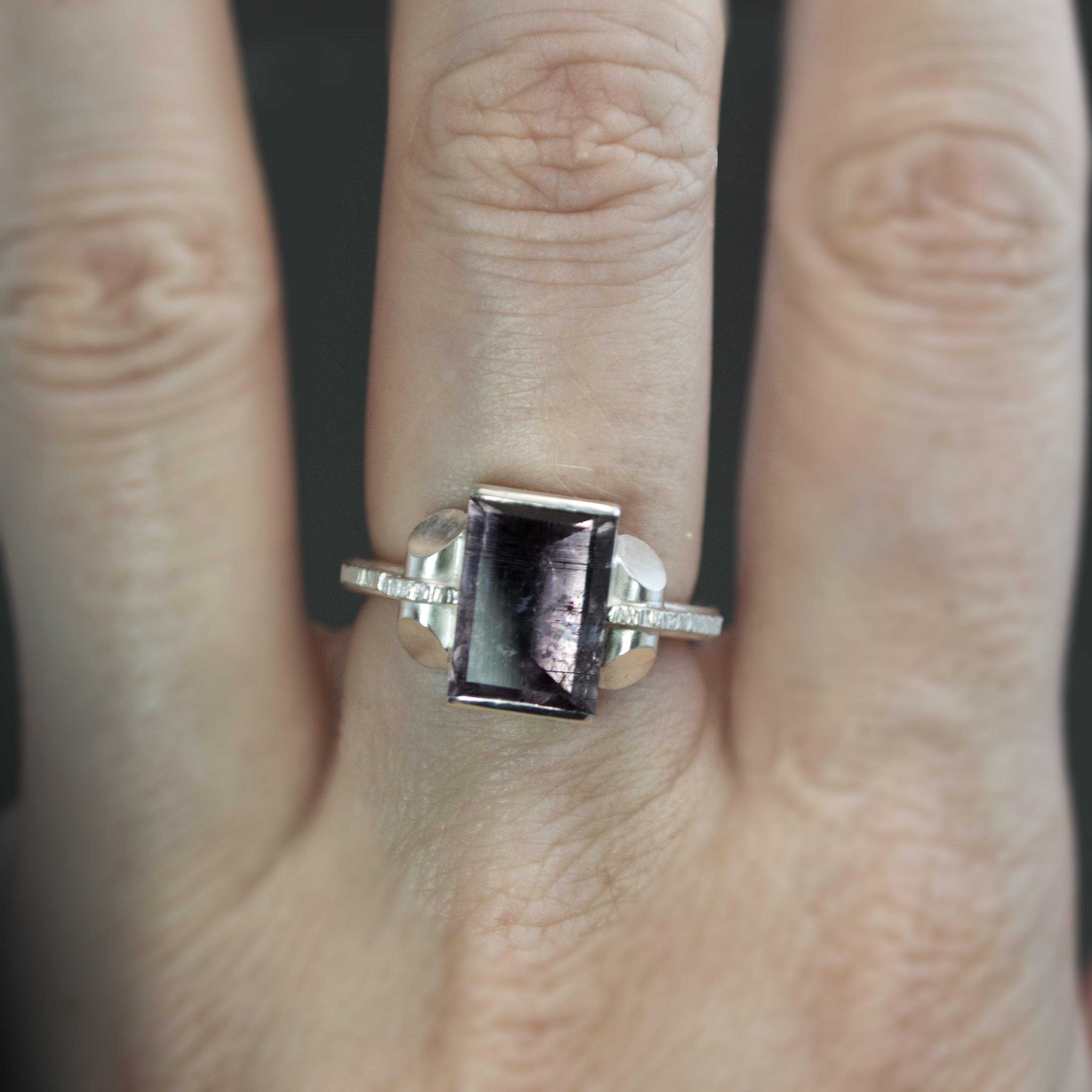 Purple Tourmaline Retro Tank Ring - Size 7.5