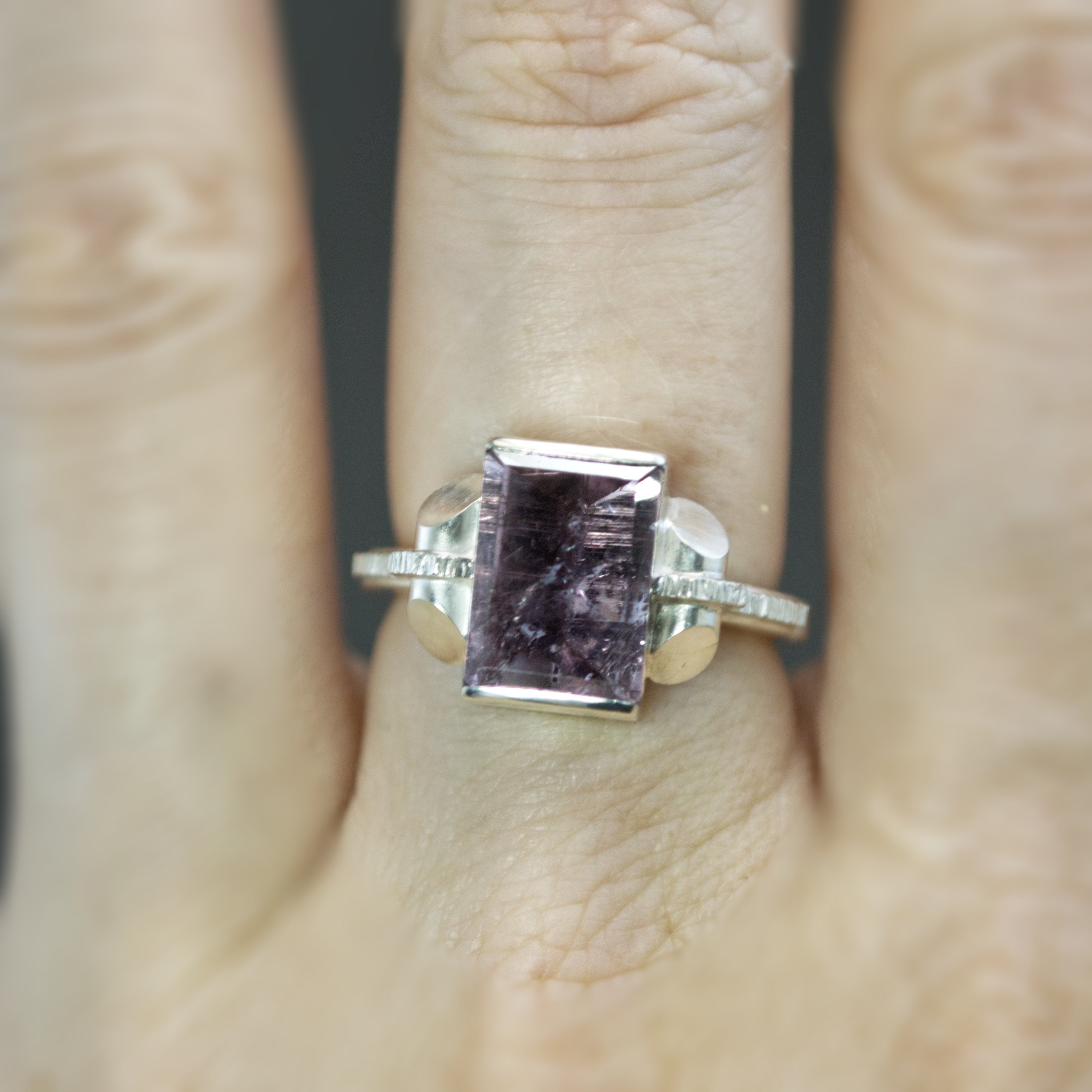 Purple Tourmaline Retro Tank Ring - Size 7.5