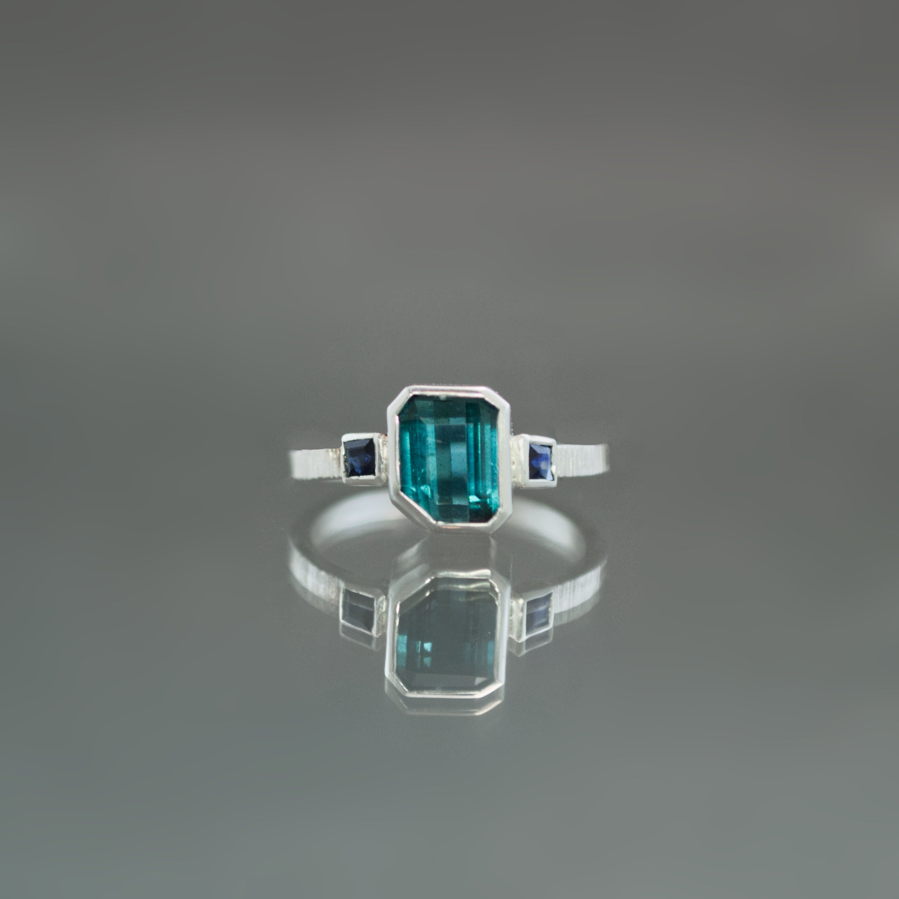 Teal Tourmaline and Sapphire Coined Ring - Size 7