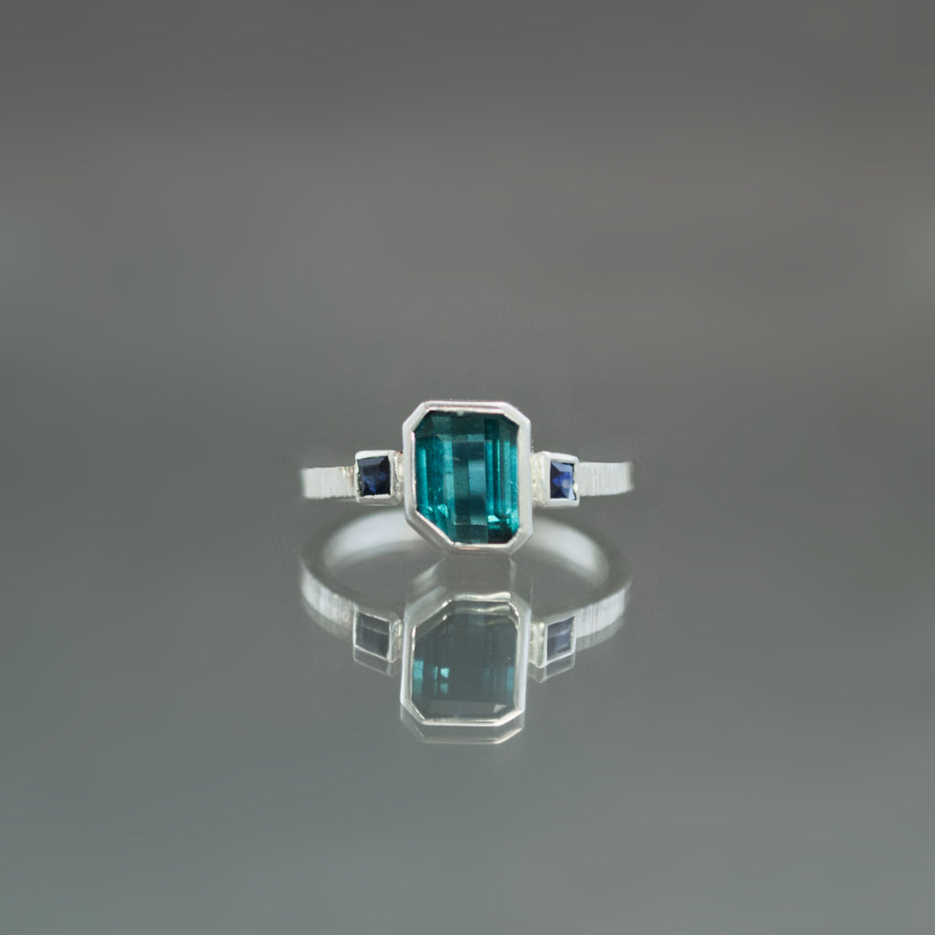 Teal Tourmaline and Sapphire Coined Ring - Size 7