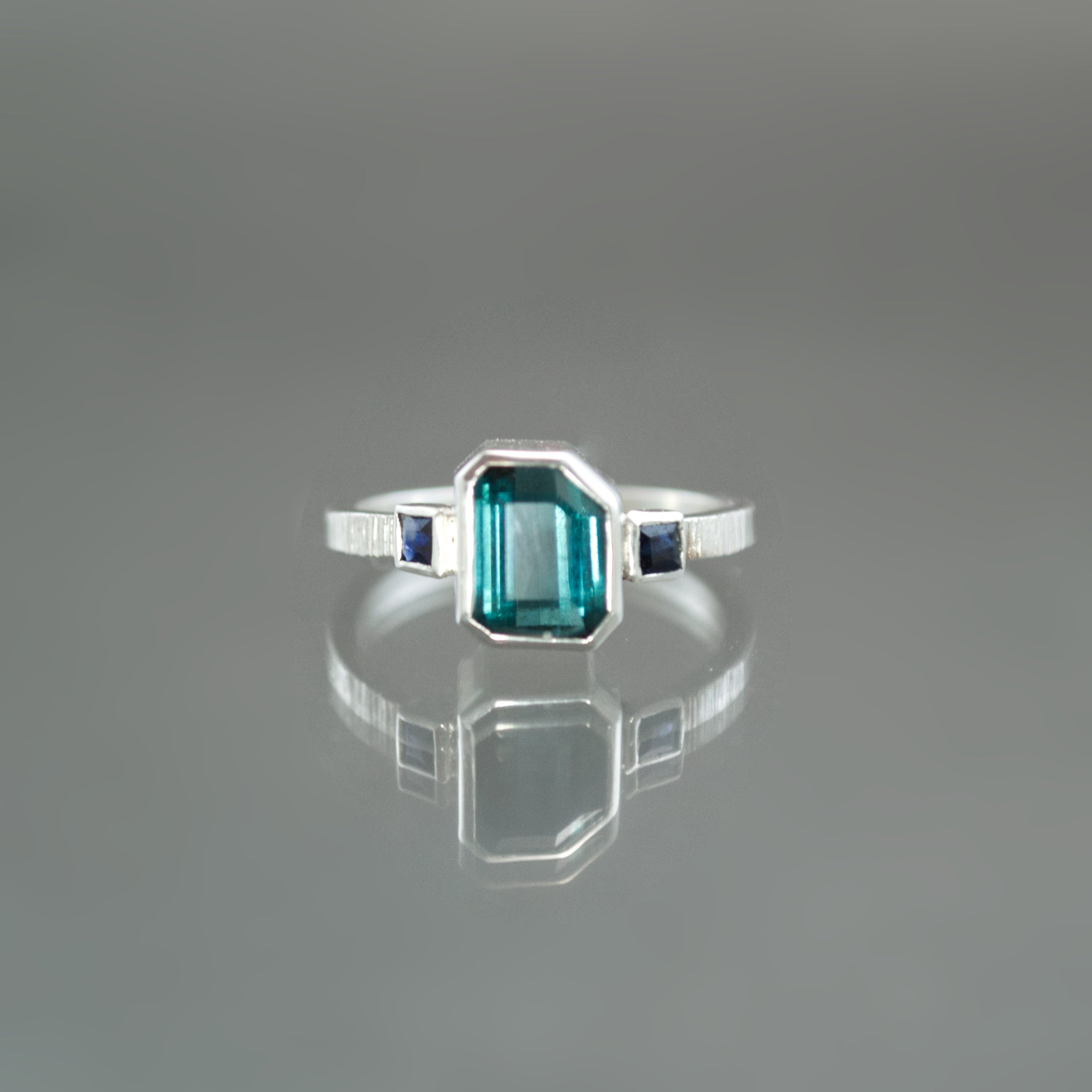 Teal Tourmaline and Sapphire Coined Ring - Size 7