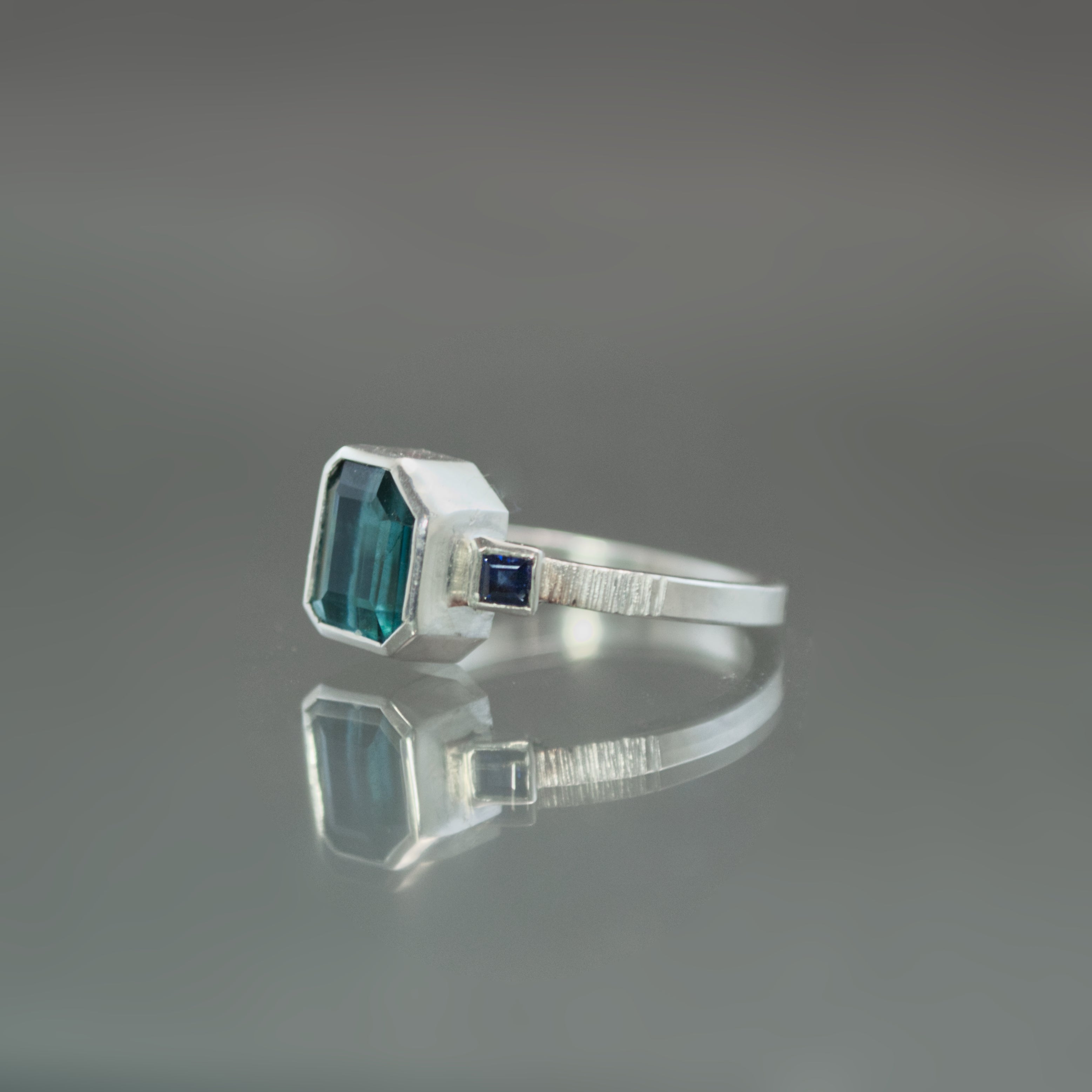 Teal Tourmaline and Sapphire Coined Ring - Size 7