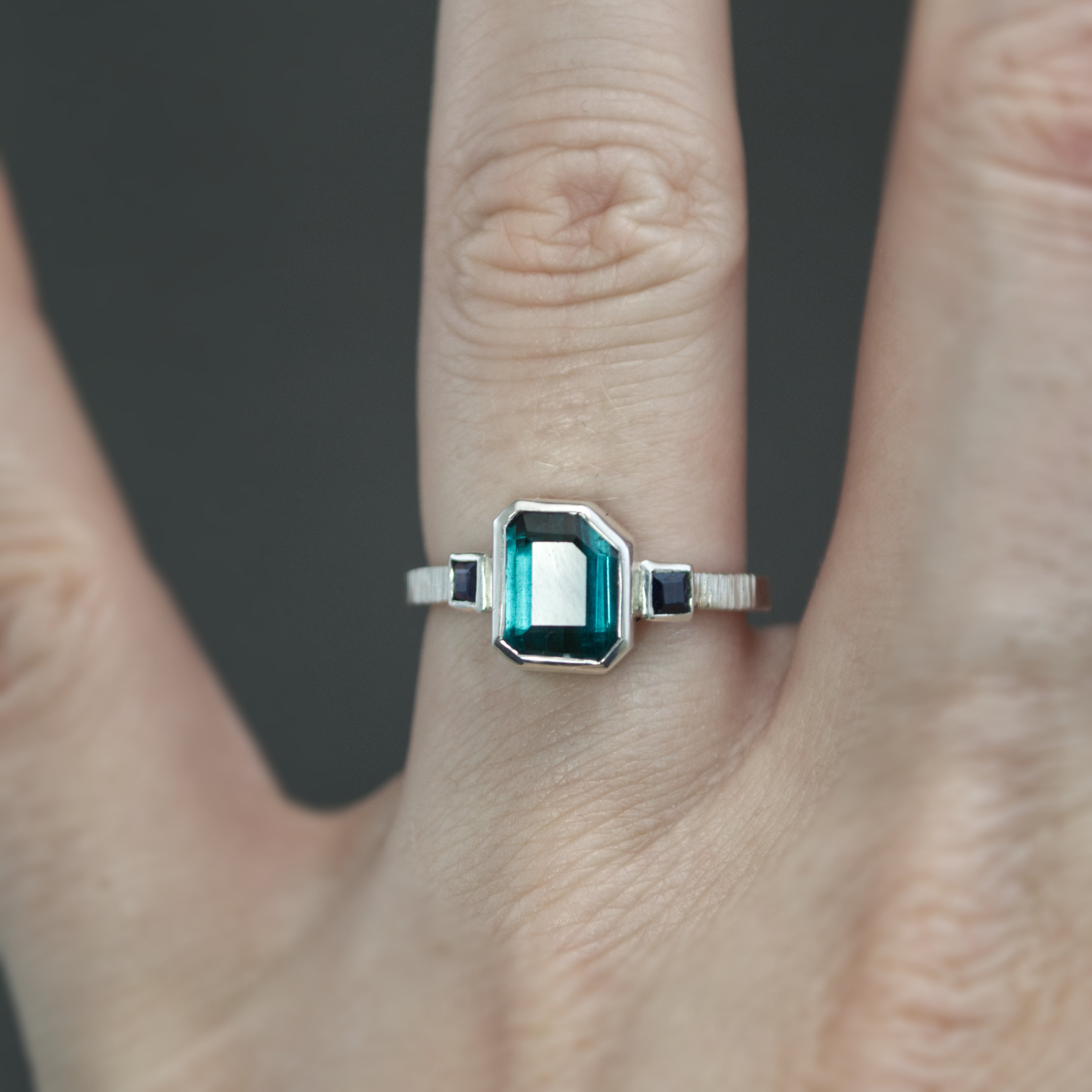 Teal Tourmaline and Sapphire Coined Ring - Size 7