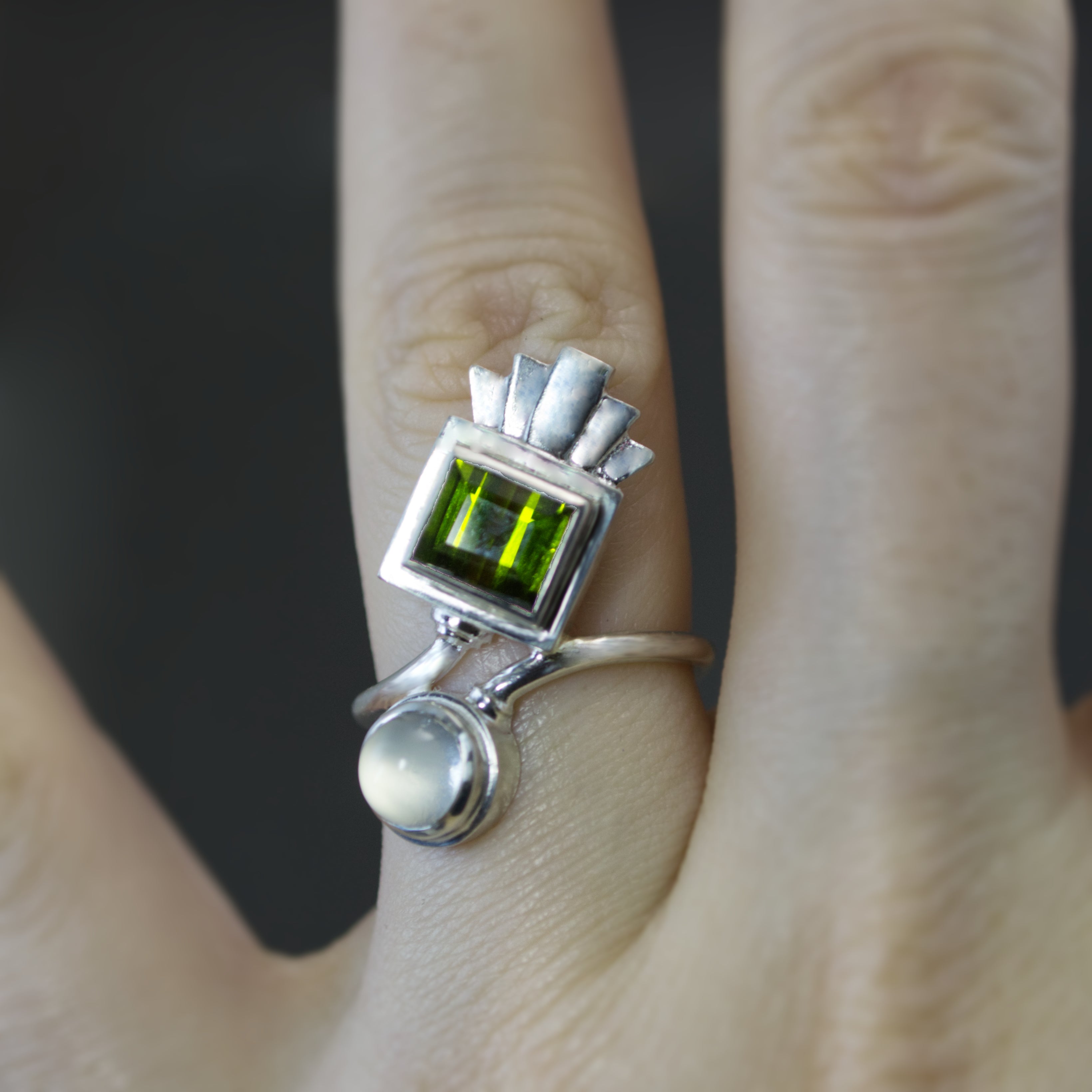 Green Tourmaline and Moonstone Deco Bypass Ring - Size 6
