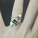 Green Tourmaline and Moonstone Deco Bypass Ring - Size 6