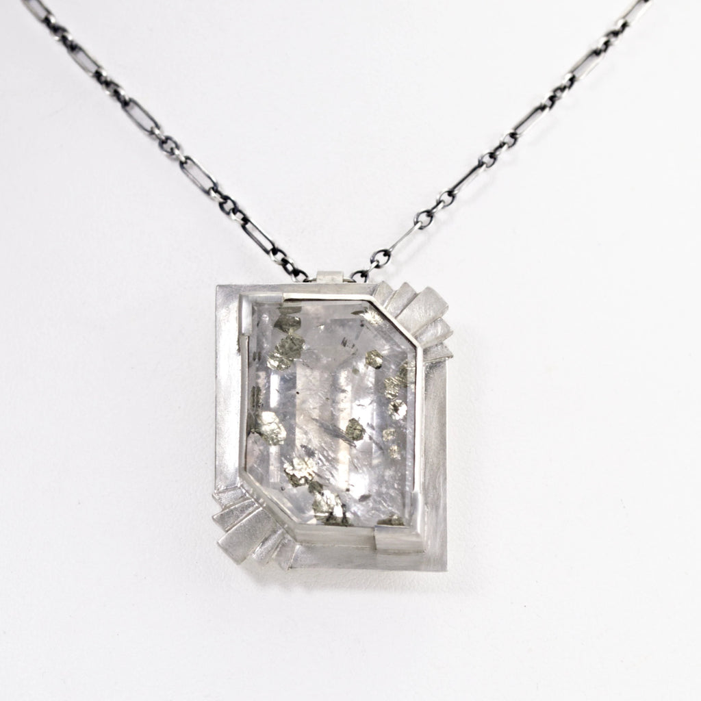 pyrite in quartz silver necklace