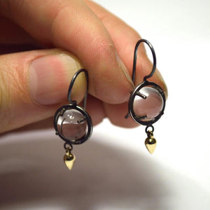 Mix Metal Caged Quartz Earrings - Sterling and 14k