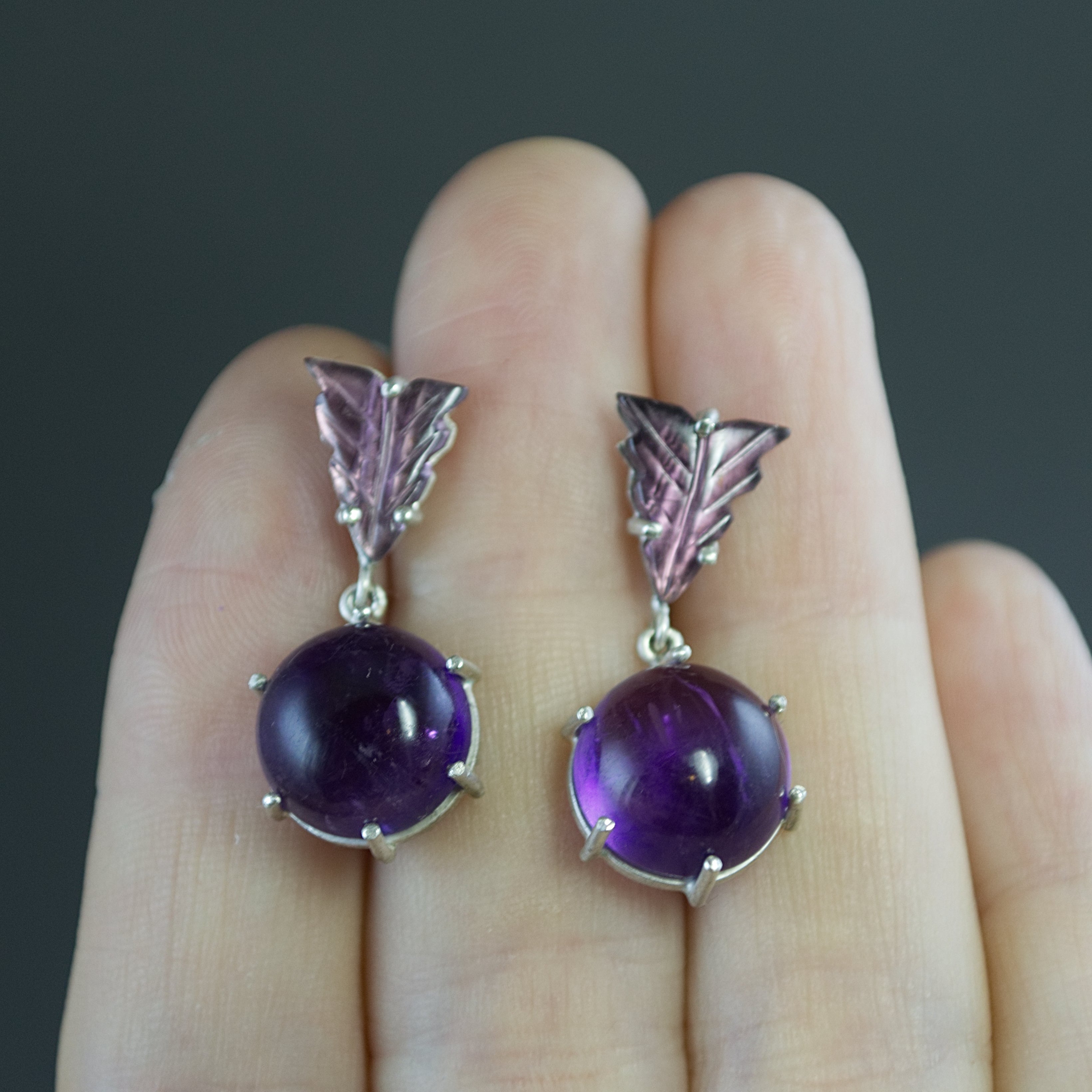 Amethyst Earrings with Carved Tourmaline